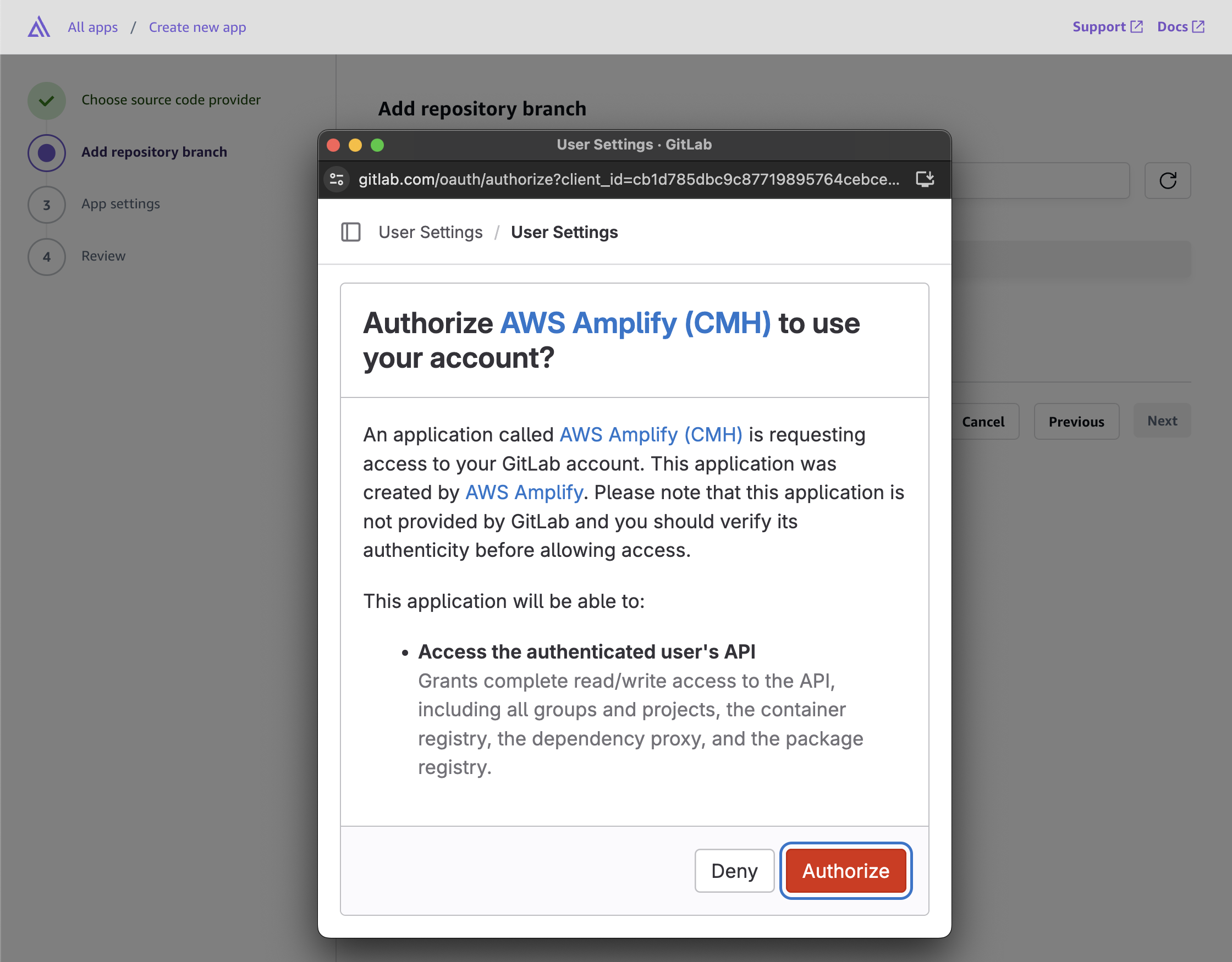 Authorize AWS Amplify to access your Gitlab account